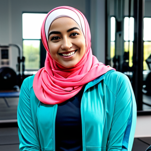 Home 7 **
A woman in modest sportswear (hijab optional), smiling confidently in a bright, modern gym. She is fully clothed in comfortable, breathable activewear from head to toe. The setting includes exercise equipment in the background, with soft, natural lighting. Safe for work, appropriate content, professional, family-friendly, perfect anatomy, natural pose.
**