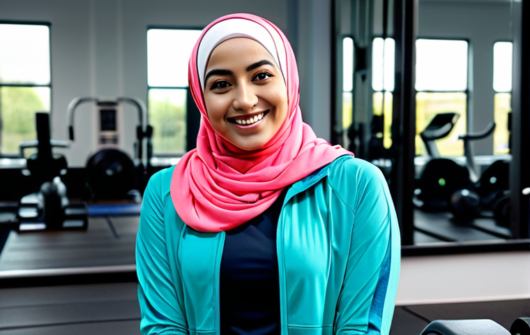 **

A woman in modest sportswear (hijab optional), smiling confidently in a bright, modern gym. She is fully clothed in comfortable, breathable activewear from head to toe. The setting includes exercise equipment in the background, with soft, natural lighting. Safe for work, appropriate content, professional, family-friendly, perfect anatomy, natural pose.

**